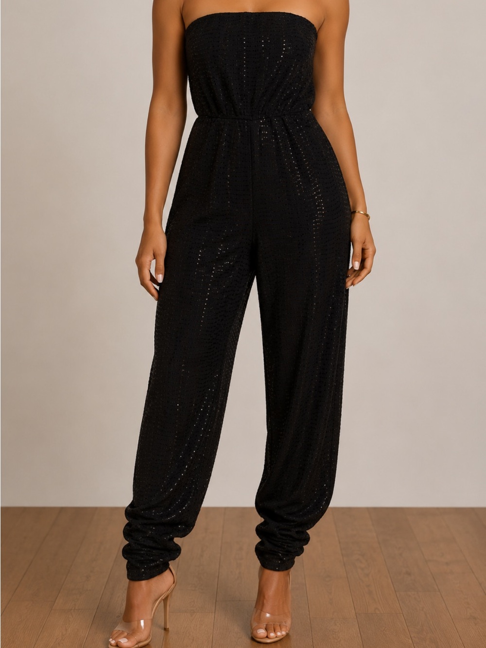 VENUS Black Strapless Sequin Jumpsuit